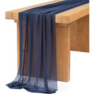 Ling's Moment 14Ft Navy Blue Sheer Chiffon Like Table Runner with Silver Sparkle for Rustic Boho Wedding Party Bridal Shower Decorations Birthday Party