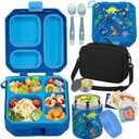 Bento Lunch Box for Kids with 12oz Soup Thermo Leak-Proof Lunch Food Container with 5 Compartment Thermo Hot Food Jar and Insulated Lunch Bag for Kid Toddler Girls Boys to School (Blue - Dinosaur)