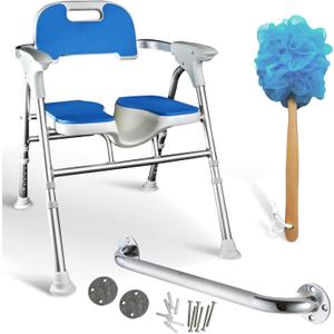 Foldable Shower Chair for Elderly & Disabled – Adjustable Height, Soft Cushion Seat, 16-Inch Steel Grab Bar & Loofah, Supports Up to 350 lbs, FSA/ HSA Eligible for Safe & Comfortable Bathing