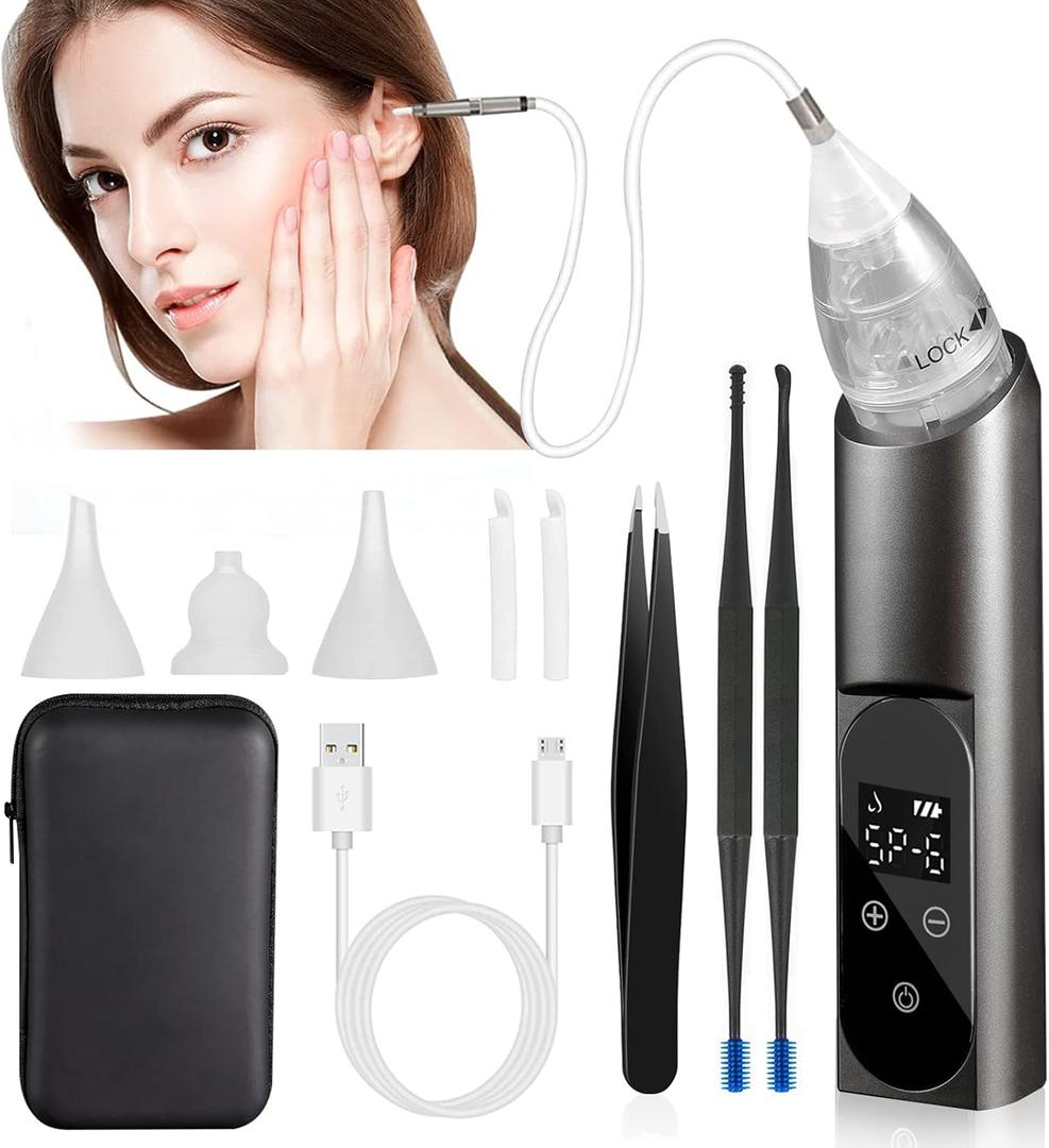 Ear Wax Vacuum Removal Kit with Carrying Case, 6 Levels Electric Strong Suction Ear Vacuum Wax Remover, USB Charge Ear Vacuum Cleaner, Ear Wax Suction Remover Device for Adults and Kids, Black