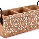 NIRMAN Mango Wood 3 Compartment Multi Purpose Utensil Cutlery Racks for Cutlery, Napkins, Cups Caddy Organizer (11" x 4" x 4.5")