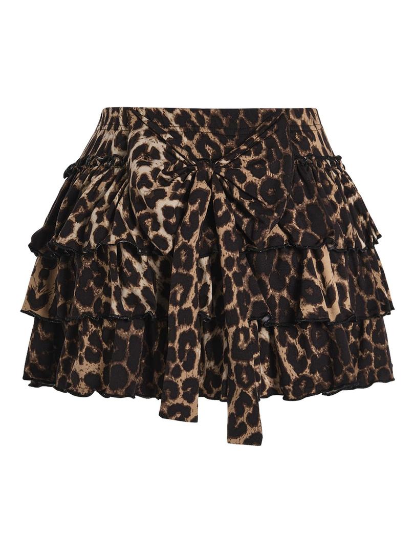 BEAUDRM Women's Bow Back Mini Skirt Elastic Low Waist Layered Ruffle Hem Short Cake Skirts Large