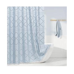 Boho Fog Blue Woven Fabric Shower Curtain with Tassel 72 x 72, Bohemia Tufted Chevron Striped Chic Textured, Blue Waterproof Modern Farmhouse Minimalist Curtain for Bathroom, Hotel Decor