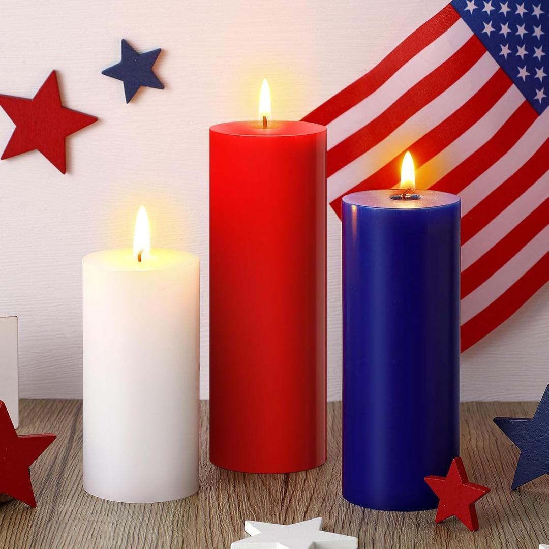 Conelist 3 Pcs Red White and Blue Wax Candle 4th of July Unscented Dripless Pillar Patriotic Candles Smokeless Independence Day American Gifts for Dinner Party Decoration