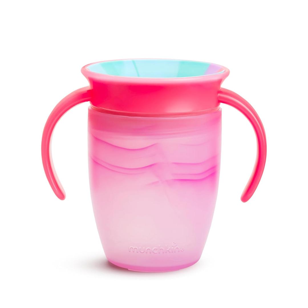 Munchkin Miracle 360 Sippy Cup for 6 Month Old, Spill Proof Baby and Toddler Cups with Transition Handles, 7 Ounce, 2 Pack, Tropical Swirl, Pink/Multi