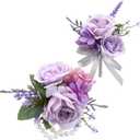 Canlierr 2 Pcs Dusty Corsage and Boutonniere Set Men Boutonnieres Corsage Bracelets Wristlet Band Wedding Flowers Accessories for Men Prom Suit Decorations(Purple)
