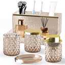 Glass Bathroom Accessories Set 5Pcs Crystal - Brown Foaming Soap Dispenser, Soap Dish, Cup, Acrylic Toothbrush Holder with Tray Organizer, Cotton Swab Jar, Bathroom Counter Set Sink Decor