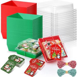 Yaomiao 50 Pcs Christmas Charcuterie Boxes with Ropes and Cards, Christmas Red Green Food Box with Clear Lids, Disposable Paper Bakery Box Dessert Containers for Xmas Party Favor Cookie Sandwich