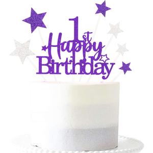 3 x Glittery 1st Happy Birthday Cake Topper with Star,Personalised 1 Birthday Cake Toppers Party Decorations Party Supplies for Baby Boys Girls Purple Silver