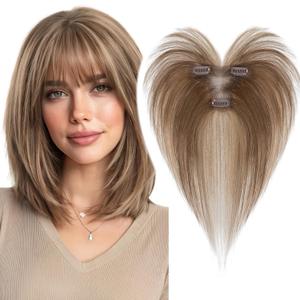 MY-LADY Human Hair Toppers for Women Real Human Hair with Air Bangs Hand-Tied Thin Light Weight 9 * 12CM Lace Base Clip in Remy Hairpieces 11 Inch Medium Brown & Dark Blonde