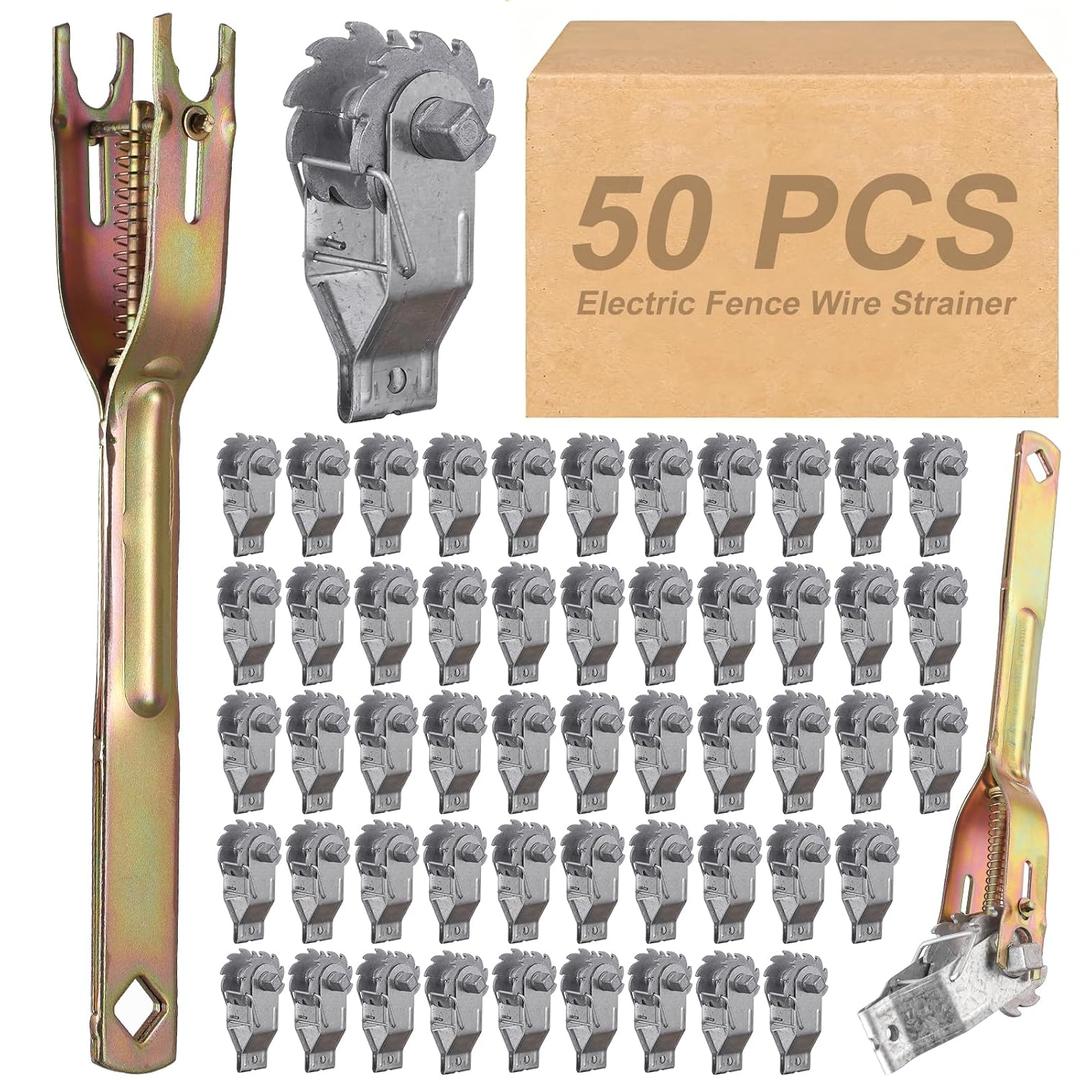 Electric Fence Wire Strainer, Heavy Duty Inline Wire Tensioner, 50PCS Wire Ratchet Tensioner and 1PCS Handle for Electric Fence, Farm Fence