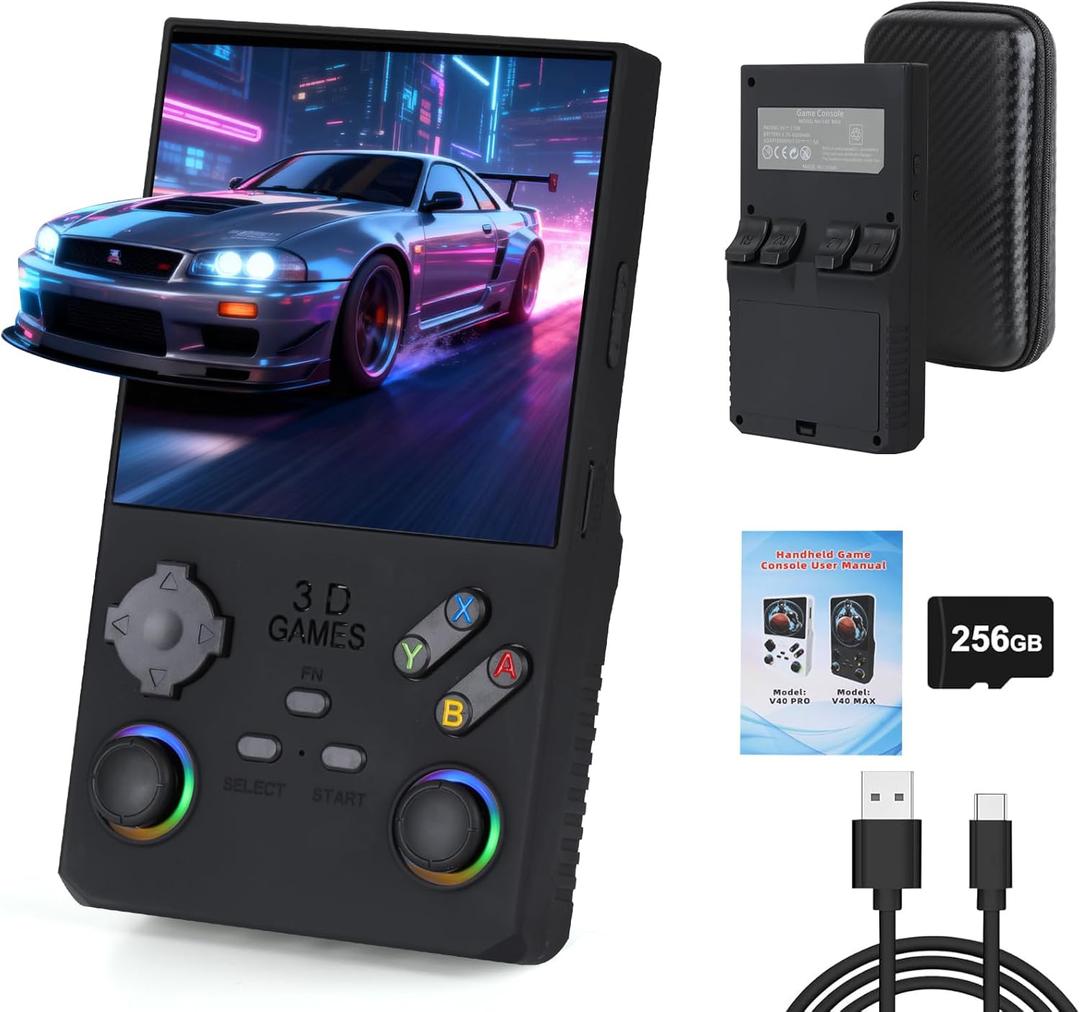 V40 Max Retro Handheld Game Console, 256GB TF Card with 40000 Classic Games, 4.0 Inch IPS HD Screen, 4000mAh Battery, Portable Mini Emulator System (Black)
