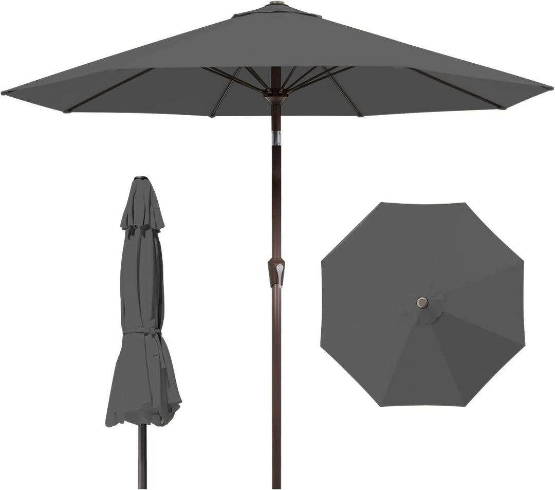 9ft Patio Umbrella with Push Button Tilt and Crank,Outdoor Market Table Umbrella UV Protection 8 Sturdy Ribs for Backyard,Garden,Pool,Deck(Gray)