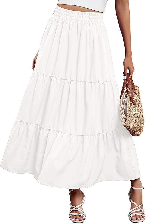 Arolina Maxi Skirt for Women Summer Boho Elastic High Waist Pleated A-Line Flowy Ruffle Swing Tiered Long Beach Skirt Dress White Medium