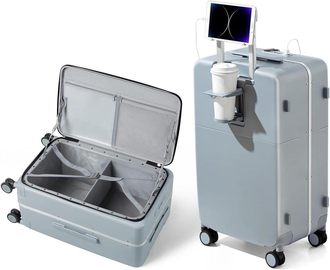 Hanke 20 Inch Carry On Luggage 22x14x9 Airline Approved with Lock and Cup Holder,Top Opening Hard Shell Suitcases Travel Luggage with Wheels,Gray (Carry On 20-Inch, Gray)