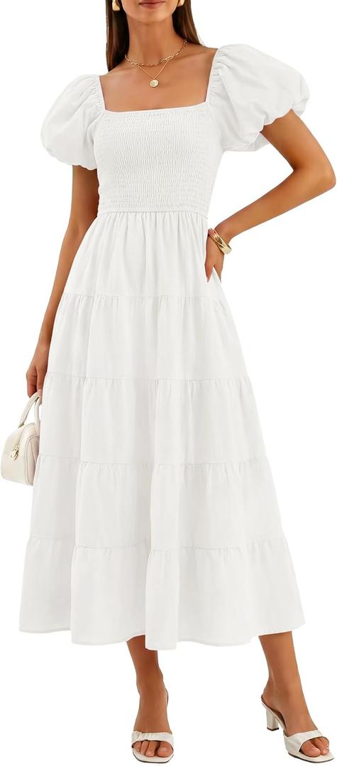 ZESICA Women's 2026 Summer Puff Sleeve Midi Dress 2026 Boho Solid High Waist Flowy Beach Wedding Guest Long Dresses (Medium, White)