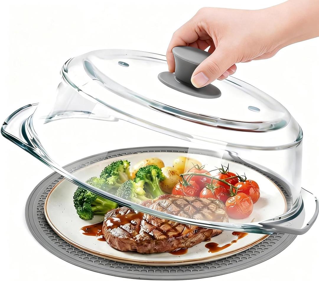 Glass Microwave Splatter Cover for Food with Microwave Place Mat - Sturdy Plate Guard Lid with Vent Holes and Easy-Grip Silicone Handle - BPA Free, Dishwasher Safe (Grey)