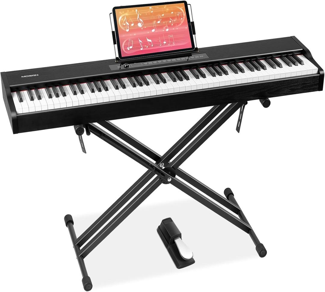 MOSEN Digital Piano 88-Key Weighted Keyboard with Hammer Action, Portable Electric Piano Set with X Stand, Recording Headphone Mode, Sustain Pedal, Music Rest, Dual Keyboard for Beginner, MDP-80D, Full