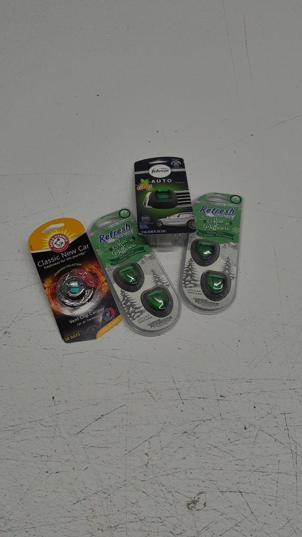 Pack of 5:  Refresh Car Air Freshener Vent Clip and Mini Car Oil Diffuser, Long-Lasting Odor Eliminator for Up to 90 days, Perfect Pine (Set of 2),  Arm & Hammer 1 -Count Classic New Car Device Air Freshener, 
Febreze Auto, Snowy Forest Scent
