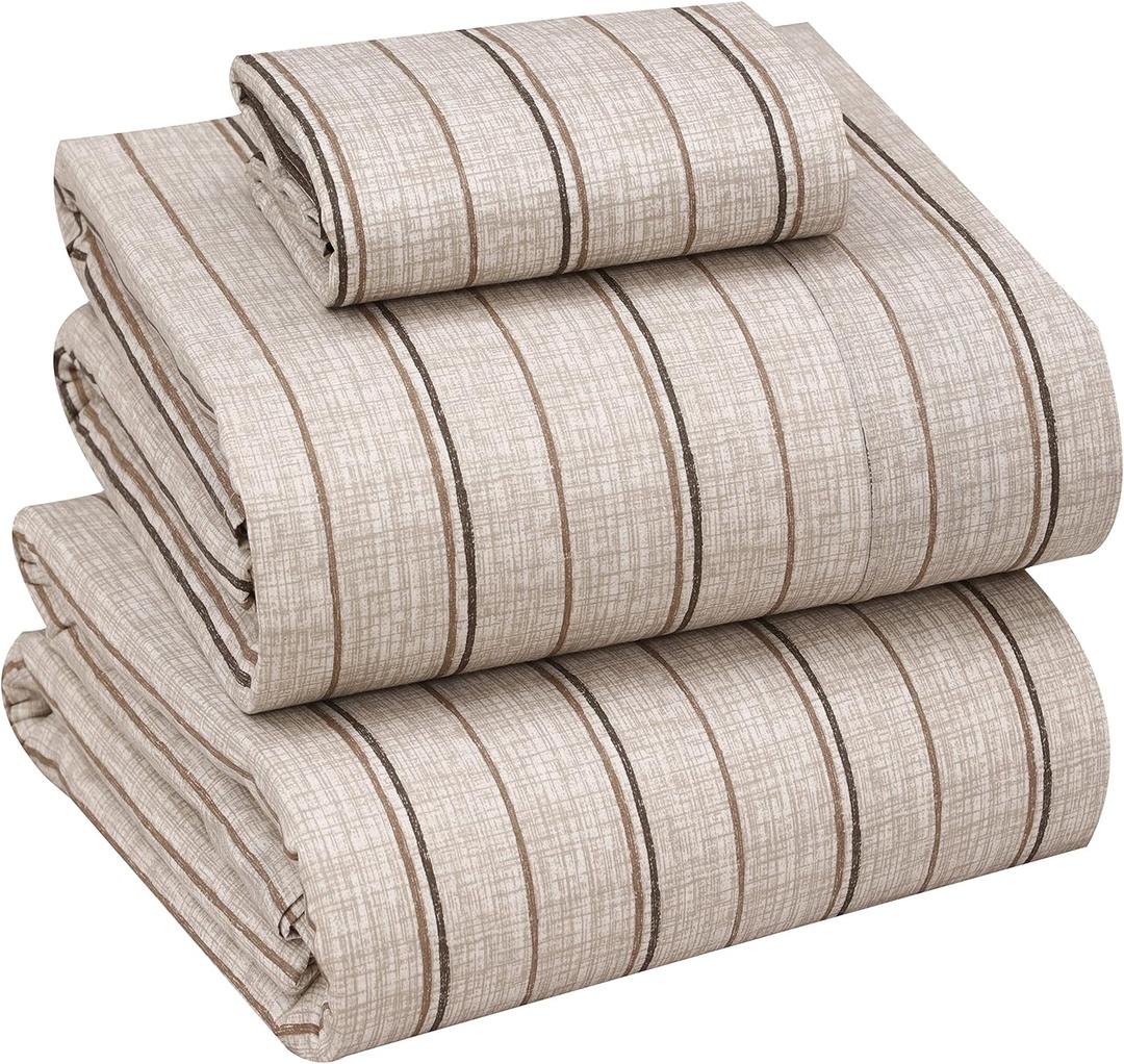 RUVANTI 100% Cotton Twin XL Sheet Sets, 3 Pieces, Soft & Breathable Percale Weave Bedding, Deep Pocket 16", Hotel Standard, Crisp Cool Feel, Durable, Perfect Size Striped Sheets, Brown Stripes