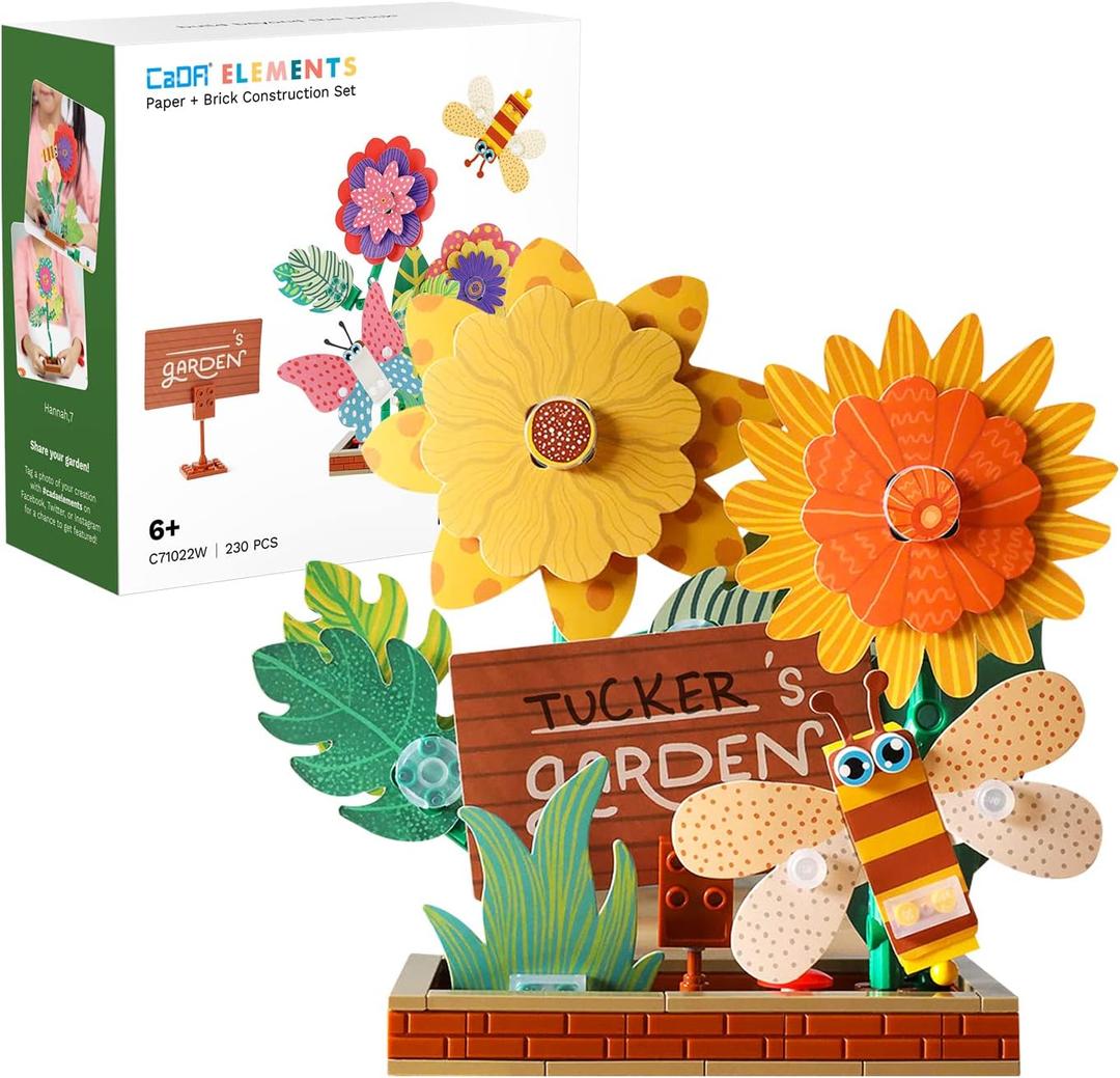 CaDA Flower Garden Building Toys, Paper & Brick 230 Pcs Flower Building Brick Kit with Flapping Bee Clip Brick Gift Toys for 6+ Year Old Girls Birthday, DIY STEM Gardening Building Set