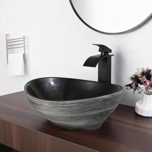 16"x14" Oval Vessel Sink with Waterfall Faucet and Pop-up Drain Bathroom Sinks Ceramic Above Counter Bowl Sink Balck Bathroom Sink, 15.6 inch x13.4 inchx5.8 inch