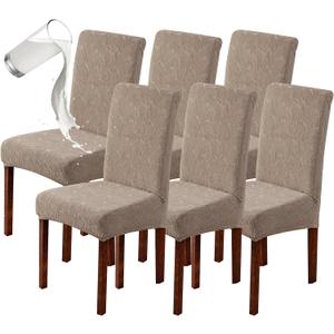 Genina 100% Waterproof Dining Room Chair Covers Set of 6 Stretch Kitchen Chair Covers Parsons Chair Slipcovers for Dining Room Chair Protector Cover, Removable, Washable (Leaf Pattern-Taupe)