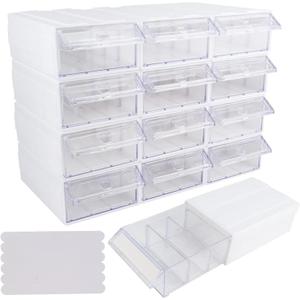 12 Pcs Drawer Stackable Storage Cabinet, White Plastic Organizer with Drawers & 36 Pcs Clear Dividers Organizer Rack & 48 Pcs Tag Card & 24 Pcs Non-slip Stickers for Home Office School