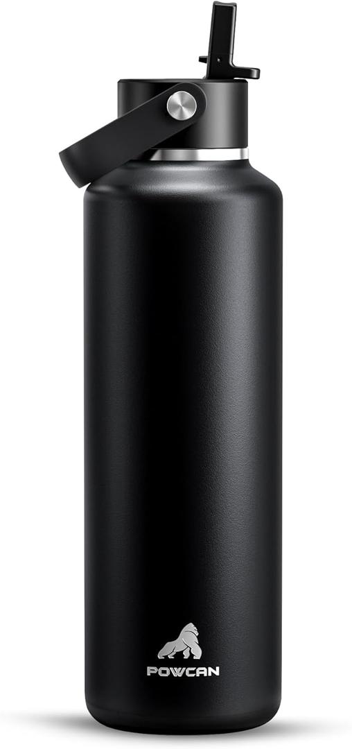 POWCAN 24oz Stainless Steel Slim Water Bottle for: Sweatproof, Flex Cap, Lightweight, Standard Mouth, Top Handle, Vacuum Insulated Flask with straw for Adults, Fitness, Teens, School (Midnight Black)