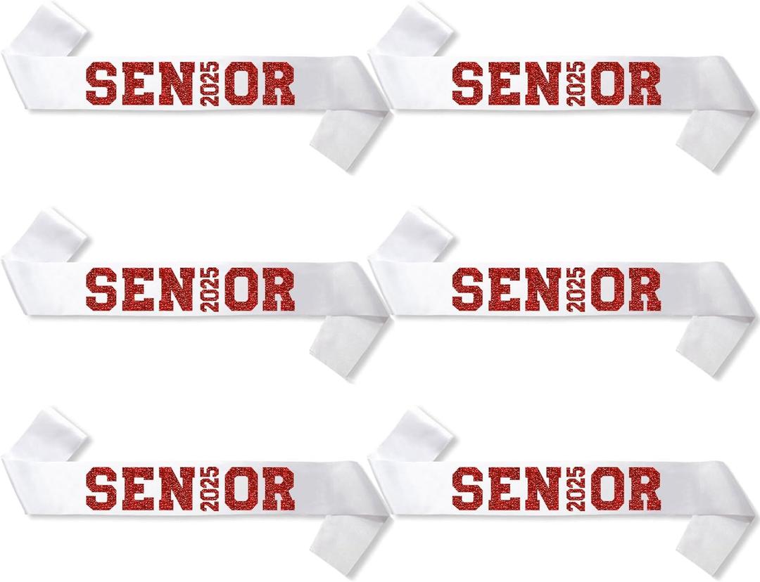6Pcs White Senior 2025 Satin Sashes with Red Glitter Letters- 2025 Graduation Celebrations Sashes - Senior Cheer Sash - Cheerleader Sash - Class Competition Sashes