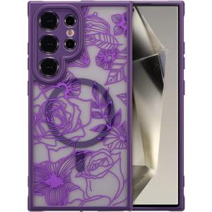 XIZYO Magnetic Case for Samsung Galaxy S24 Ultra Floral Rose Cute Phone Case [Compatible with Magsafe] for Women Girls Aesthetic Pattern Slim TPU Shockproof Bumper Cover, Purple
