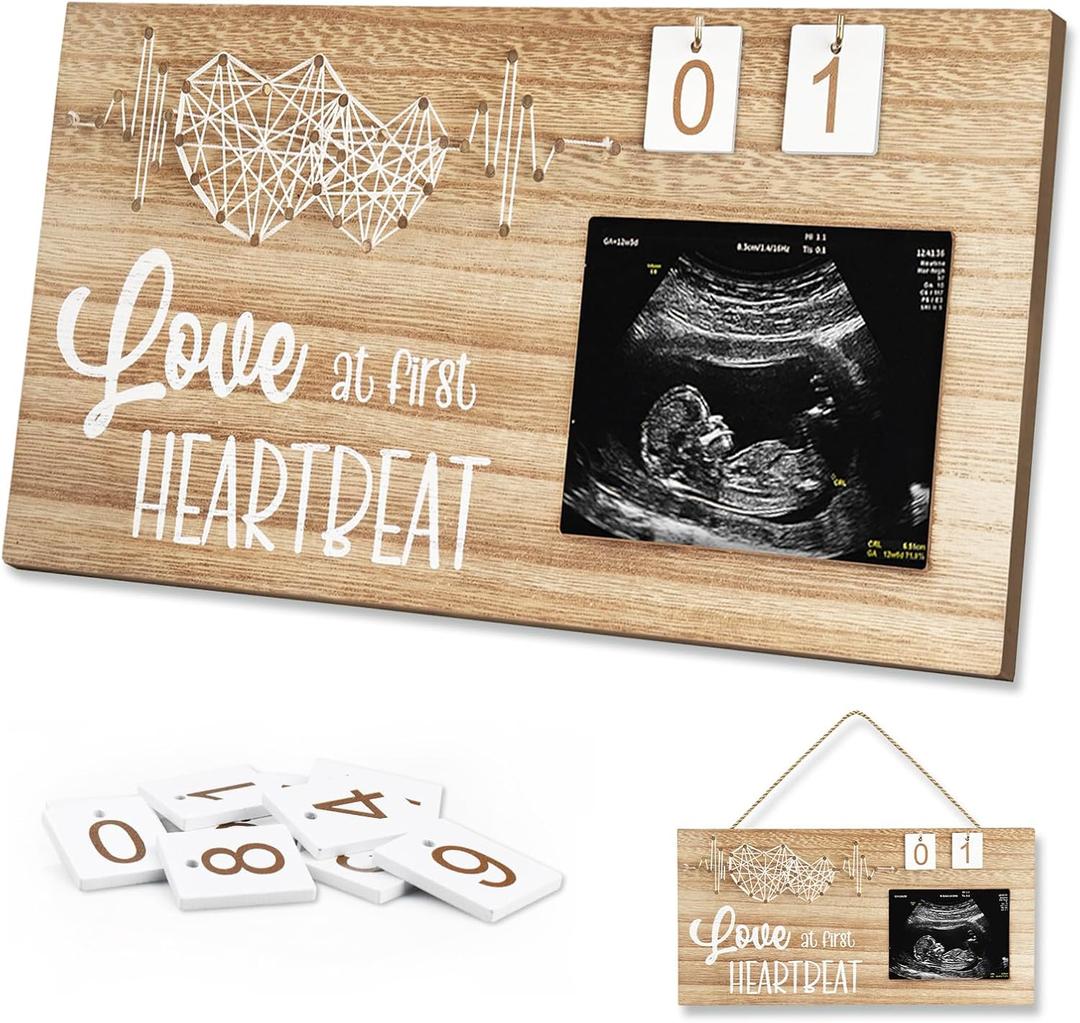 Baby Sonogram Picture Frame with Countdown Weeks for Gender Reveal Gifts Decorations, Baby Countdown Sonogram Frame for Expecting Mother's Day Gift, Love At First Heartbeat Frame Ultrasound (Style3)