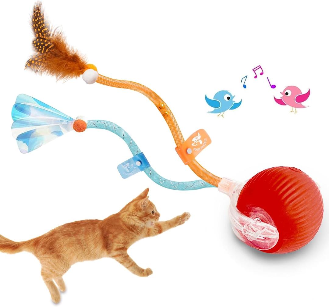 Interactive Cat Toys Ball,Automatic Cat Toy with Speedy Tail - Electric Rolling Ball for Indoor Cats, Motion-Activated Play with Elastic Mesh Tail (Red)