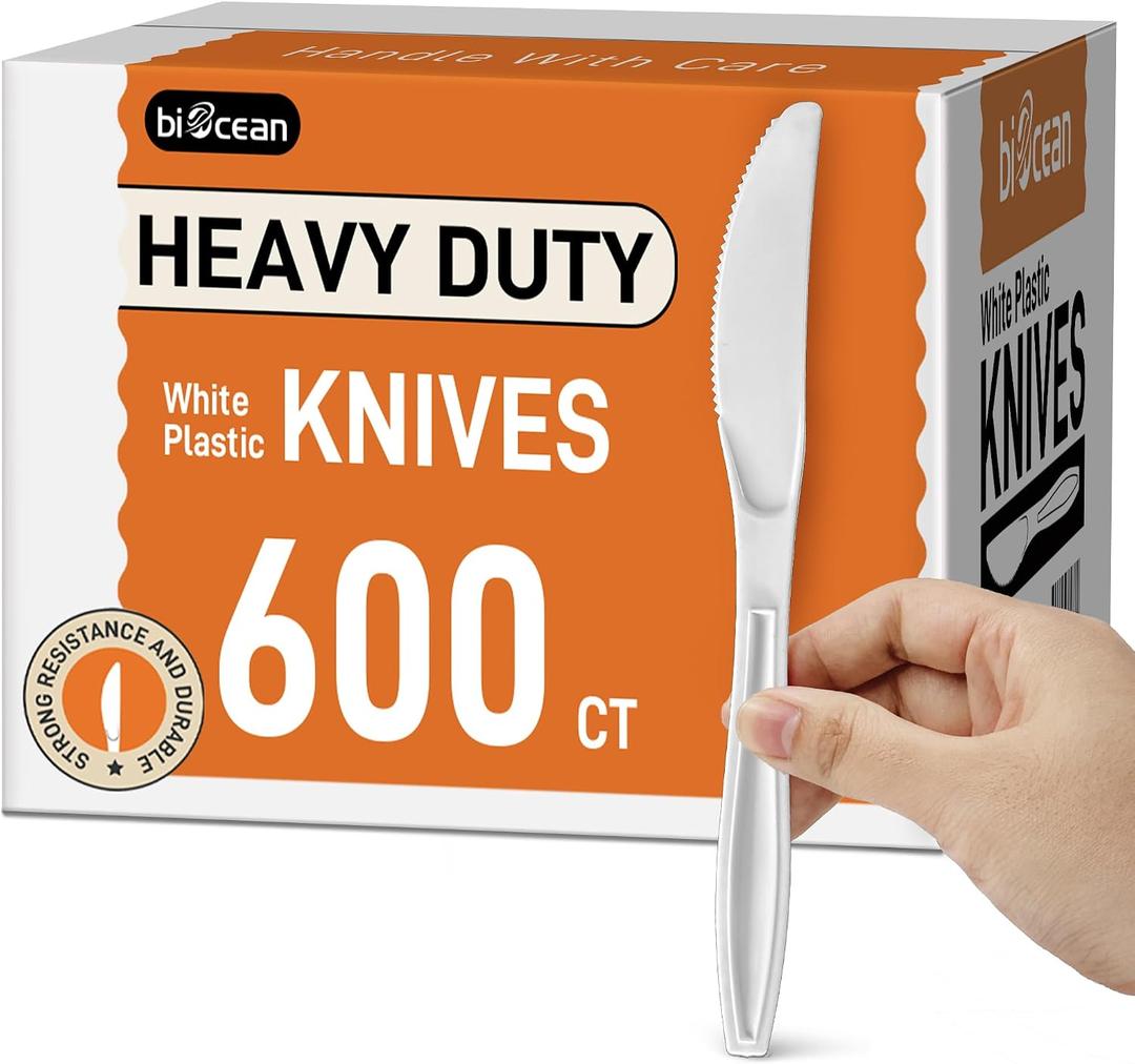 600Pack Disposable Plastic Knives Bulk White Heavy Duty Plastic Knives | Large 7.4 Inch Heavyweight Silverware, BPA-Free Heat Resistant Cutlery, Reusable Solid and Durable Party Restaurant Supply