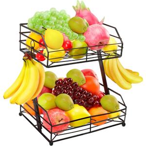 Livabber Fruit Basket for Kitchen, Metal Fruit Storage Bin with 2 Banana Hangers, Countertop Wire Basket Organizer for Vegetable Snack Potato Onion (Black)
