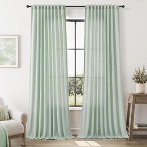 Nanspring Extra Long Textured Linen Curtains for Living Room 108 Inch Length 2 Panels Set Privacy Translucent with Light Filtering Elegant Semi Sheer Drapes for Bedroom Aqua Green W52 x L108