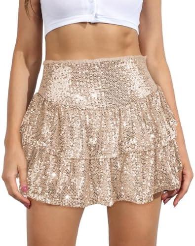 BILIKE JOMEX Womens Sequin Mini Skirt with Shorts Layered Ruffle High Waist Flowy Sparkly Glitter Skirt S