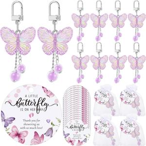 25 Set Baby Shower Favors for Guests Butterfly Keychain Bulk Thank You Cards Bag Baby Shower Return Gifts (Purple)