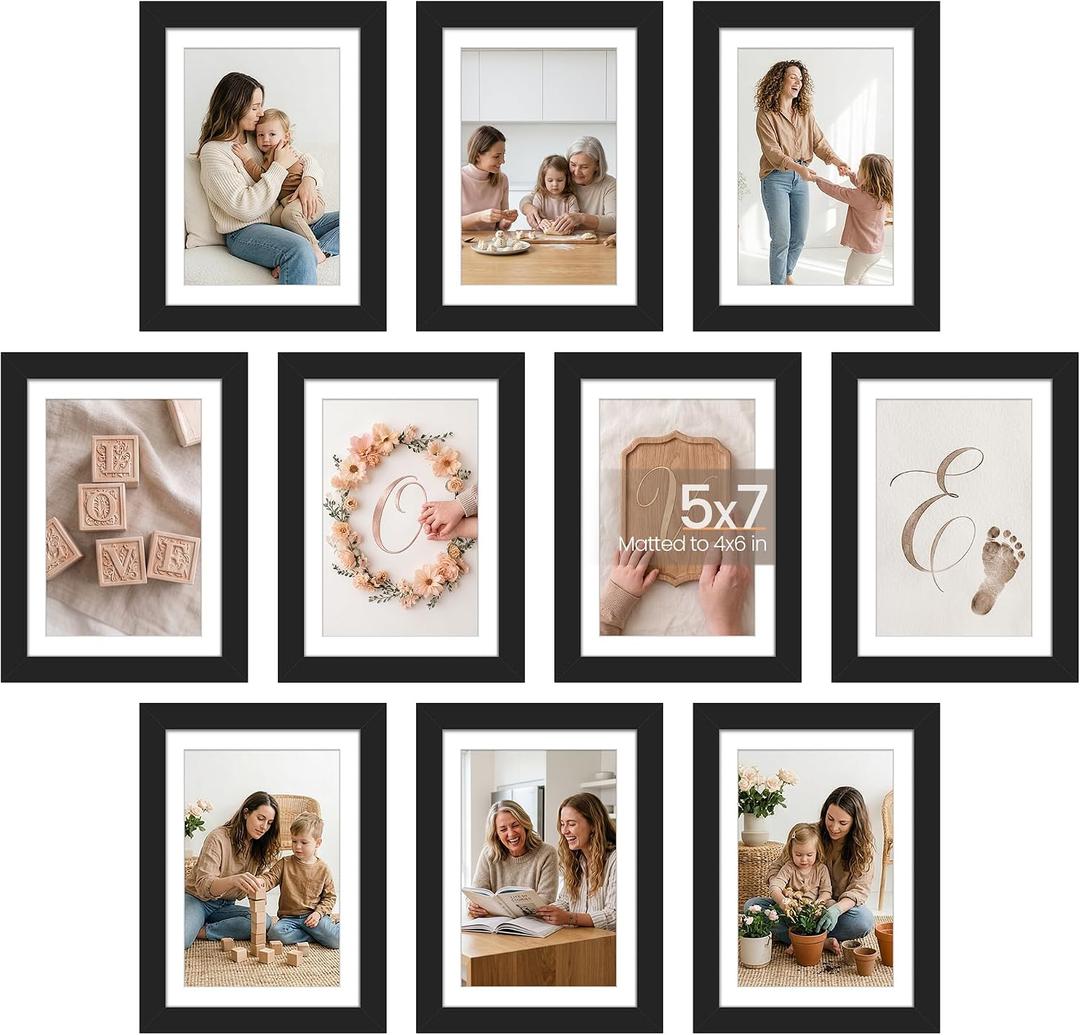 upsimples 5x7 Picture Frame Set of 10, Display Pictures 4x6 with Mat or 5x7 Without, Multi Photo Frames Collage for Wall or Tabletop Display, Black
