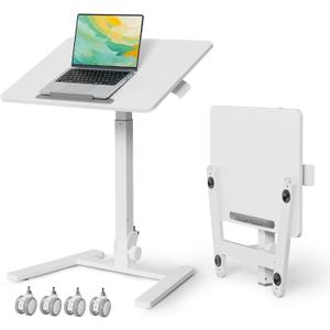 Gibbon Mounts Foldable Standing Desk，Small Mobile Sit-Stand Desk with 90 Tiltable Top，Rolling Rising Laptop Workstation Adjustable Height，Portable Table on Hidden Wheels/4 Lockable Casters，White, 25.6"W x 18.9"D x 28.5"H