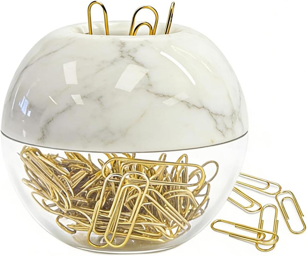 NatSumeBasics Marble Paper Clip Holder Magnetic Cute Paper Clips Dispenser with 100 Gold Paperclips for Desk Organizer Accessories Supplies (Marble)