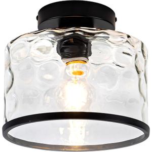 Glass Ceiling Light, Black Semi Flush Mount with Hammered Glass Shade, Farmhouse Light Fixture for Hallway, Bathroom, Entryway, Kitchen,Living Room