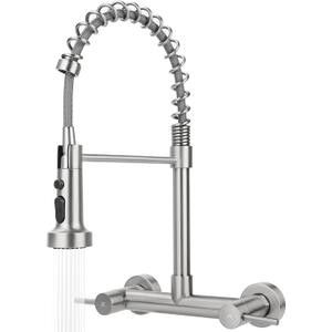 Wall Mount Kitchen Sink Faucet, 8 Inch Center Wall Mount Kitchen Faucets with 3-Function Pull Down Sprayer, Dual Handles Commercial Faucet for Kitchen Laundry Restaurant (Brushed Nickel)
