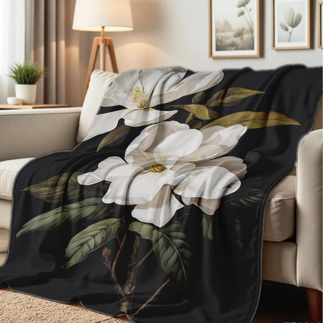 Magnolia Print Blanket Black and White Throw Soft Magnolia Flannel Blanket Flower Bedding Decor Gifts Botanical Floral Throw for Bed Couch (49"x59")