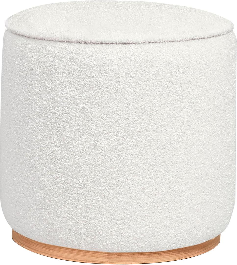 Benzara Zia 19 Inch Ottoman- White Faux Sheepskin Upholstery- Round Platform Base