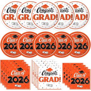 Graduation Decorations 2026, 200 Pcs Class of 2026 Graduation Party Supplies Kit with Paper Plates, Luncheon and Cocktail Napkins, Congrats Grad Decorations for 50 Guests (Orange)