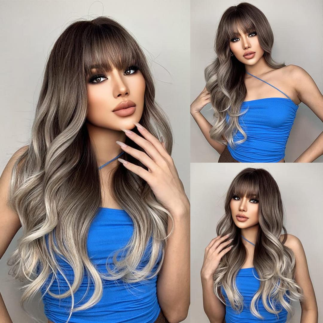Ombre Blonde Wig with Bangs Long Ombre Brown and Blonde Wigs for Women Synthetic Wavy Ash Blonde Wigs for Daily Party 24 Inch Cosplay