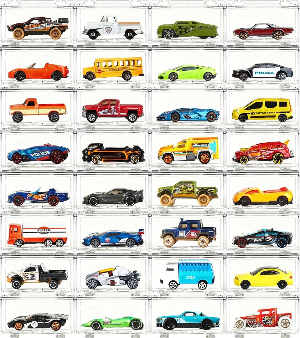 Saichotoy Display Case Compatible with Hot Wheels - Stackable Toy Car Storage, Transparent Organizer for Matchbox 1/64 Scale Diecast Cars (32 Packs, Clear Case Only)