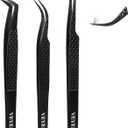 VEYES INC Lash Tweezers for Eyelash Extensions,Fiber Tip Tweezers Kit for Individual Classic and Volume Lash,3PCS Stainless Steel Lash Tweezers-Black