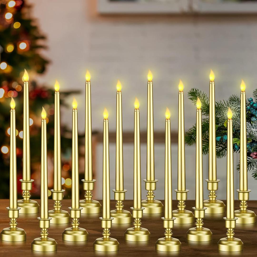 Fumete 16 Pcs Flameless Candles with Gold Base Battery Powered Taper Candles Battery Operated LED Candlesticks for Party Home Wedding Dinner Decorations